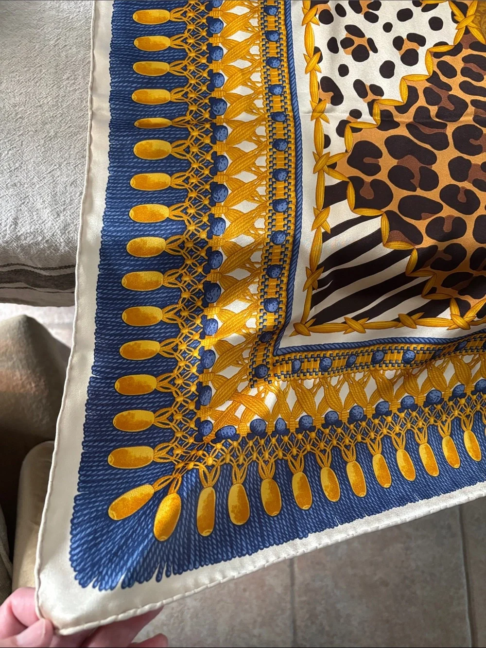 Christian Dior Italy Silk Gold Blue Animal Print Shawl Wrap Scarf-53x53-VINTAGE